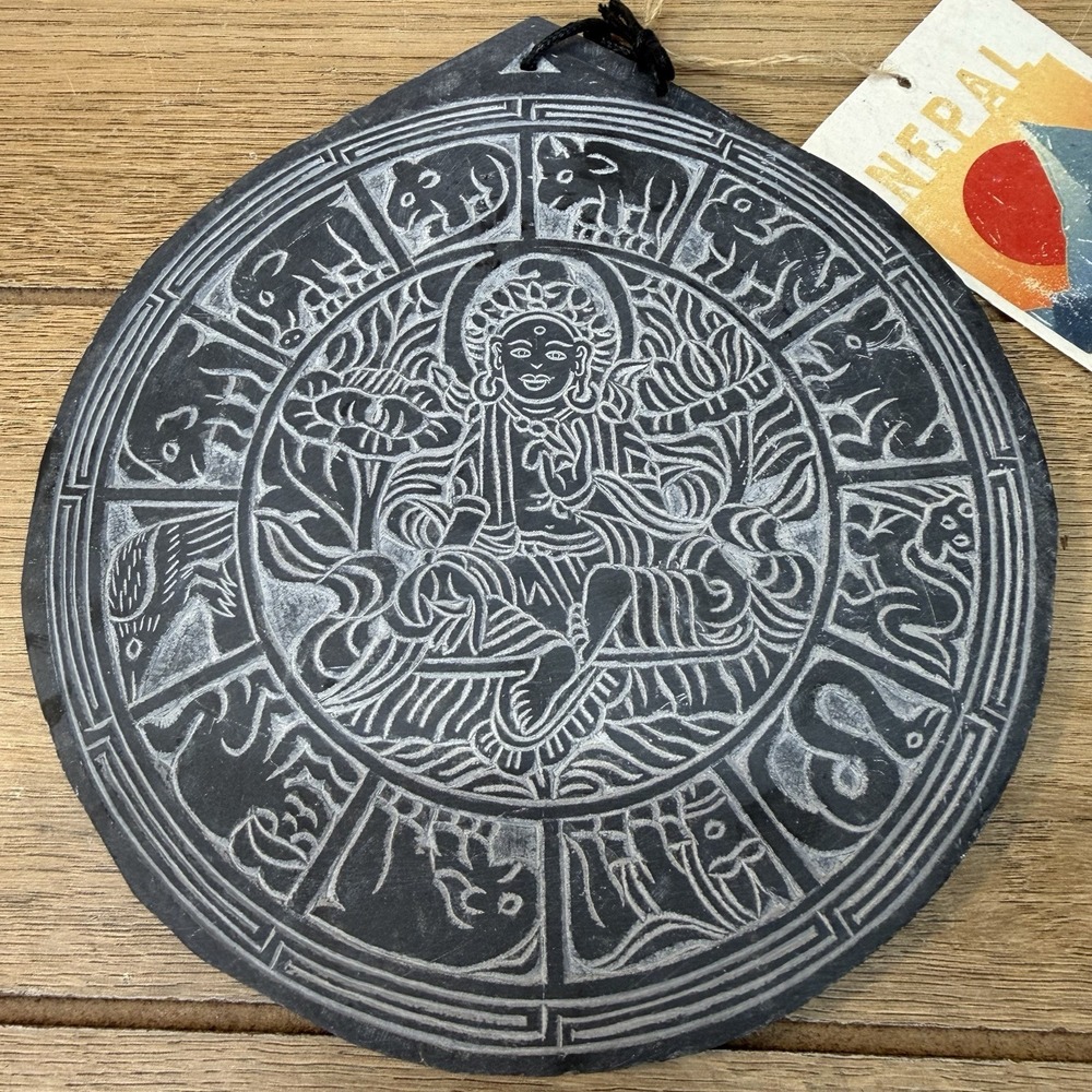 Handcrafted Nepal Slate Buddha Wall Art Tibetan Zodiac Calendar Carving Plaque